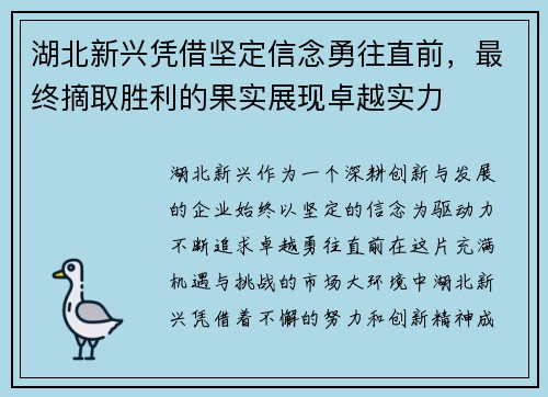 湖北新兴凭借坚定信念勇往直前，最终摘取胜利的果实展现卓越实力