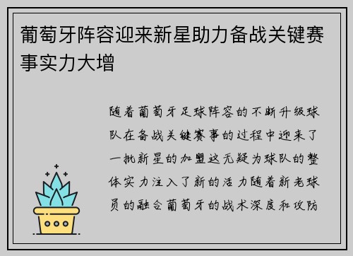 葡萄牙阵容迎来新星助力备战关键赛事实力大增