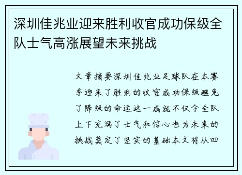 深圳佳兆业迎来胜利收官成功保级全队士气高涨展望未来挑战